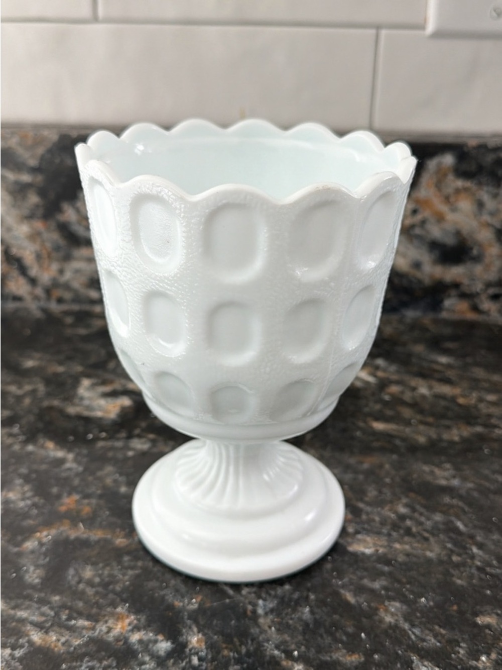 E.O. Brody Co. White Milk Glass Thumbprint Pedestal Vase